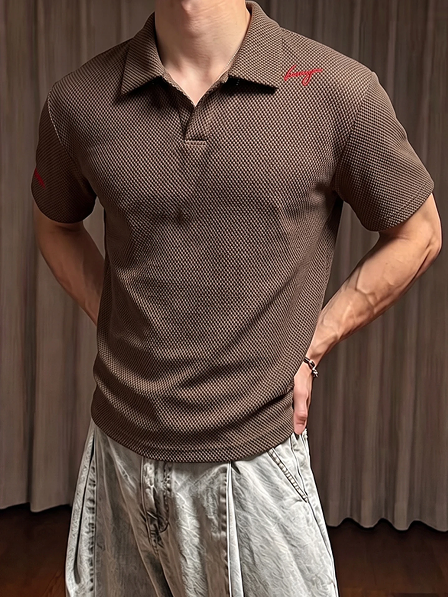 Brown Dragon Scale Embroidery Short Sleeve  Shirt Men's Summer Thin Texture Breathable T-Shirt Standard Fit Youth Fashion