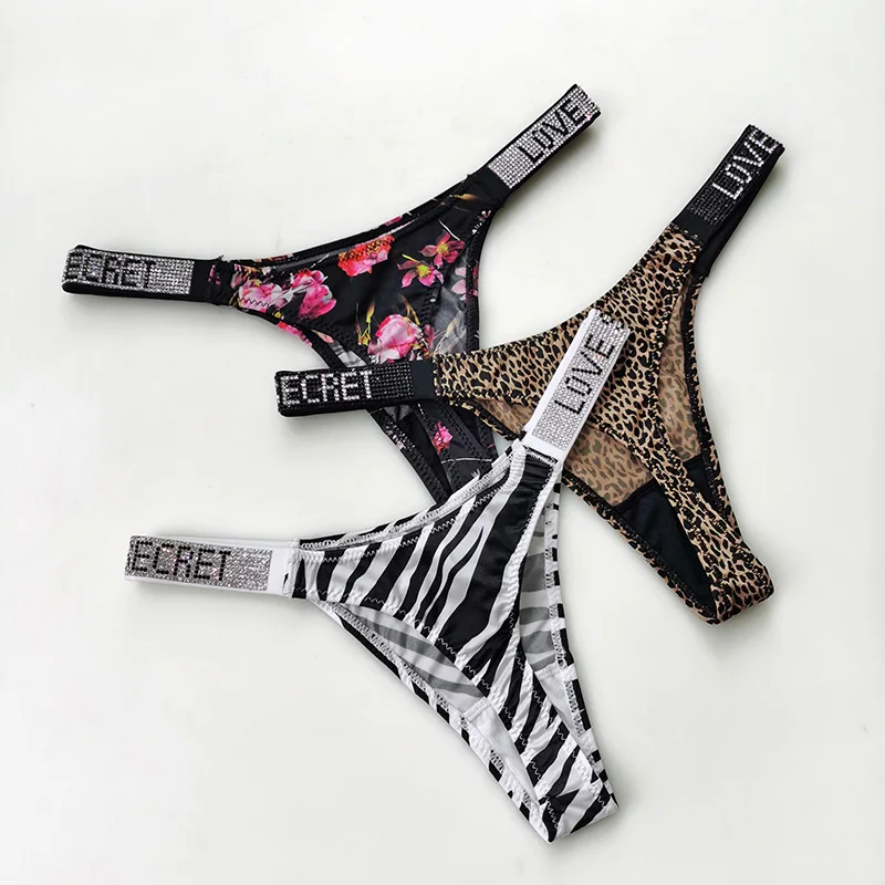 Low Waist Sexy Women Thongs Panties Rhinestones letter Diamonds G String Sports Thong Shorts Briefs T-back Fitness Size S-XL