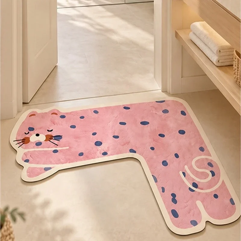 Cartoon Dog L-Shaped Diatomite Bath Mat, Quick Dry Absorbent Non Slip Rug, Cute Corner Floor Mat for Bathroom Toilet Entrance