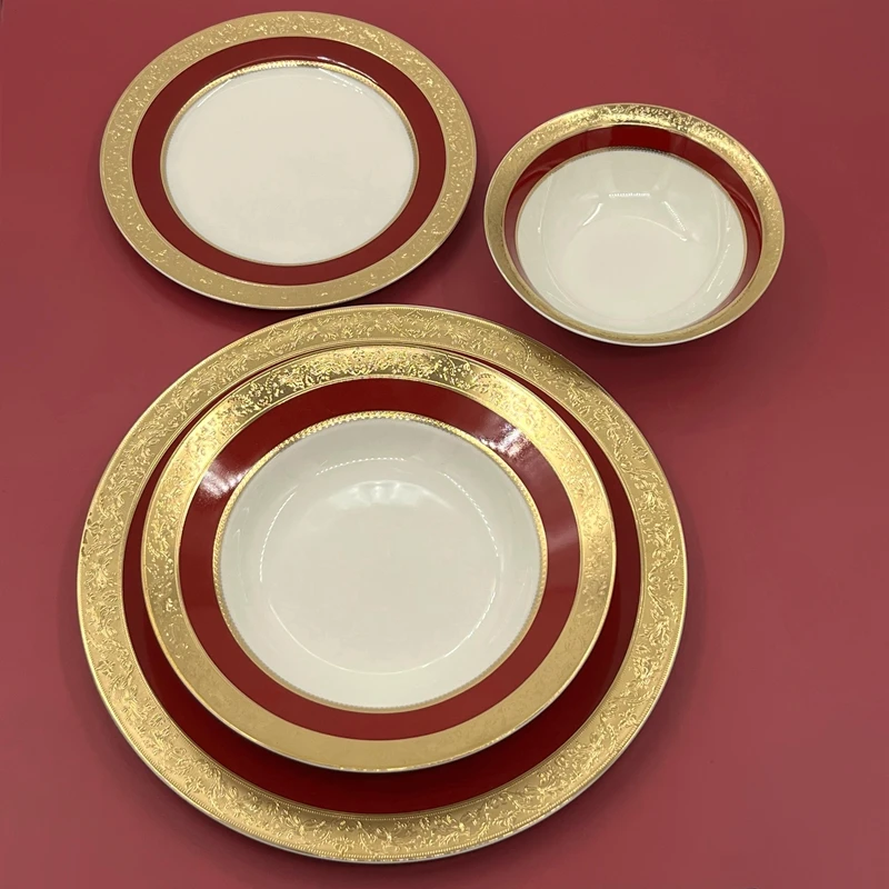 

Красная рельефная круглая костяная фарфоровая посуда высокого класса в стиле ретро, свадебная глубокая тарелка, тарелка для стейка