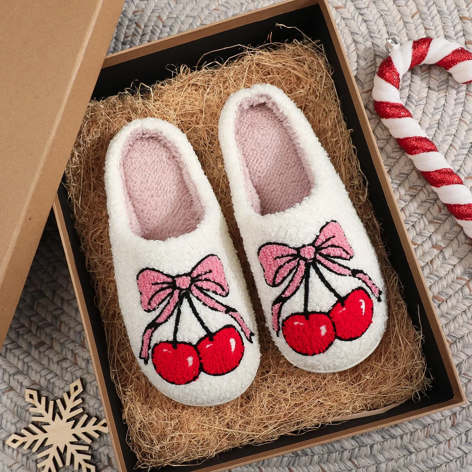 Christmas Cotton Slippers For Men And Women Party Supplies Cute Bow Cherry Embroidery Plush Winter Warm House Slippers For Women