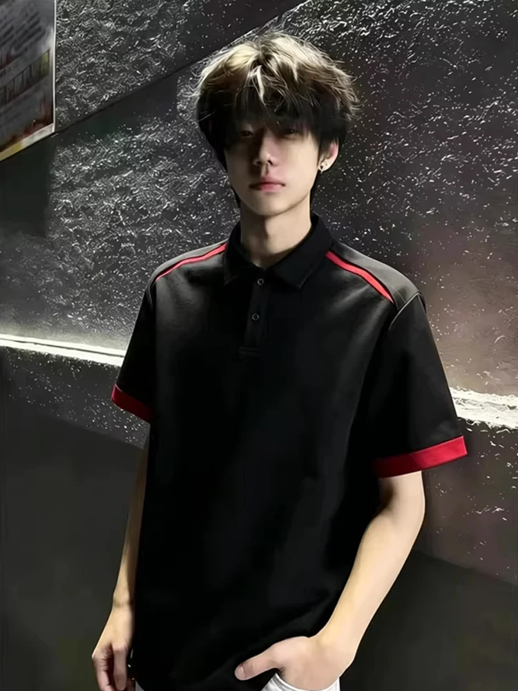 American Color Block Pleated T-Shirt Men Summer Design Collar  Shirt Short Sleeve Fashion Brand Half Sleeve Straight Fit ...