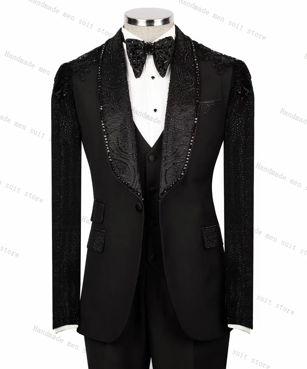 Preto outono masculino ternos 2 peça blazer + calças cristais de luxo pedra casamento smoking casaco personalizado formal escritório jaqueta calças