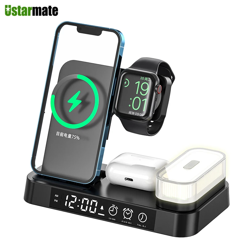 

Wireless Charger 5 in 1 15W Fast Wireless Charging Station with Alarm Clock and Night Light For iPhone 14 13 12 AirPods iWatch 8