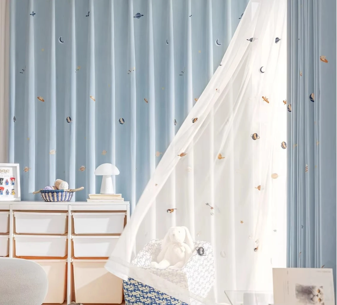 Blue Planet Moon Embroidered Snow Neil Light Blocking Fabric Kids-children Curtains for Living Dining Room Bedroom Customized