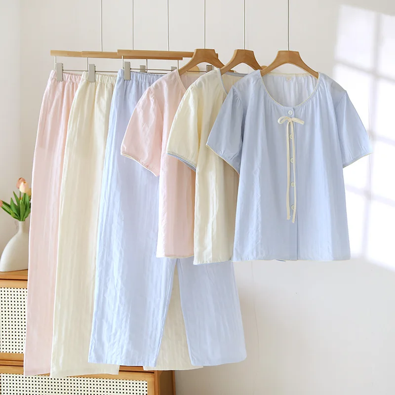 

Новый летний женский пижамный комплект 2026 года: 100% хлопковая марля, цветочный принт, короткий рукав + брюки, тонкий, из двух предметов, для дома и сна