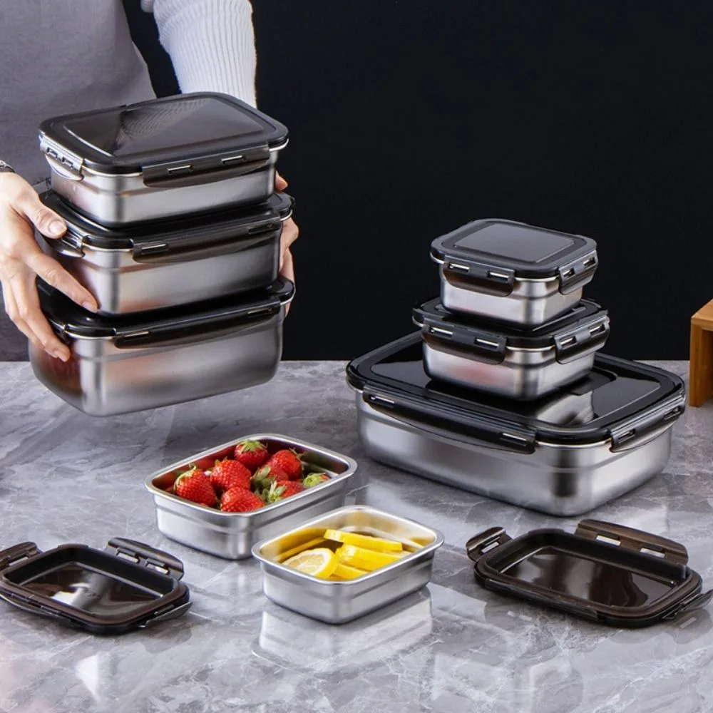 Food Container Large Capacity Stainless Steel Crisper with Handle Sealed Pickle Box Airtight Lid Korean Fresh-keeping Box Picnic
