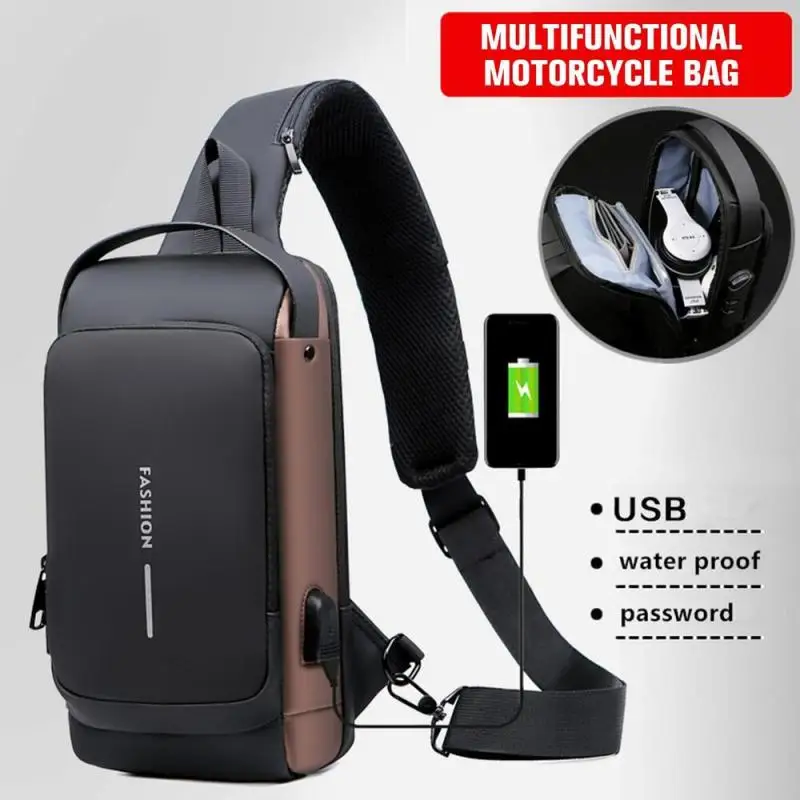 

Men's Patent Leather Multifunctional Chest Bag Waterproof Anti-theft USB Charging for Travel Moto Biker Fashion