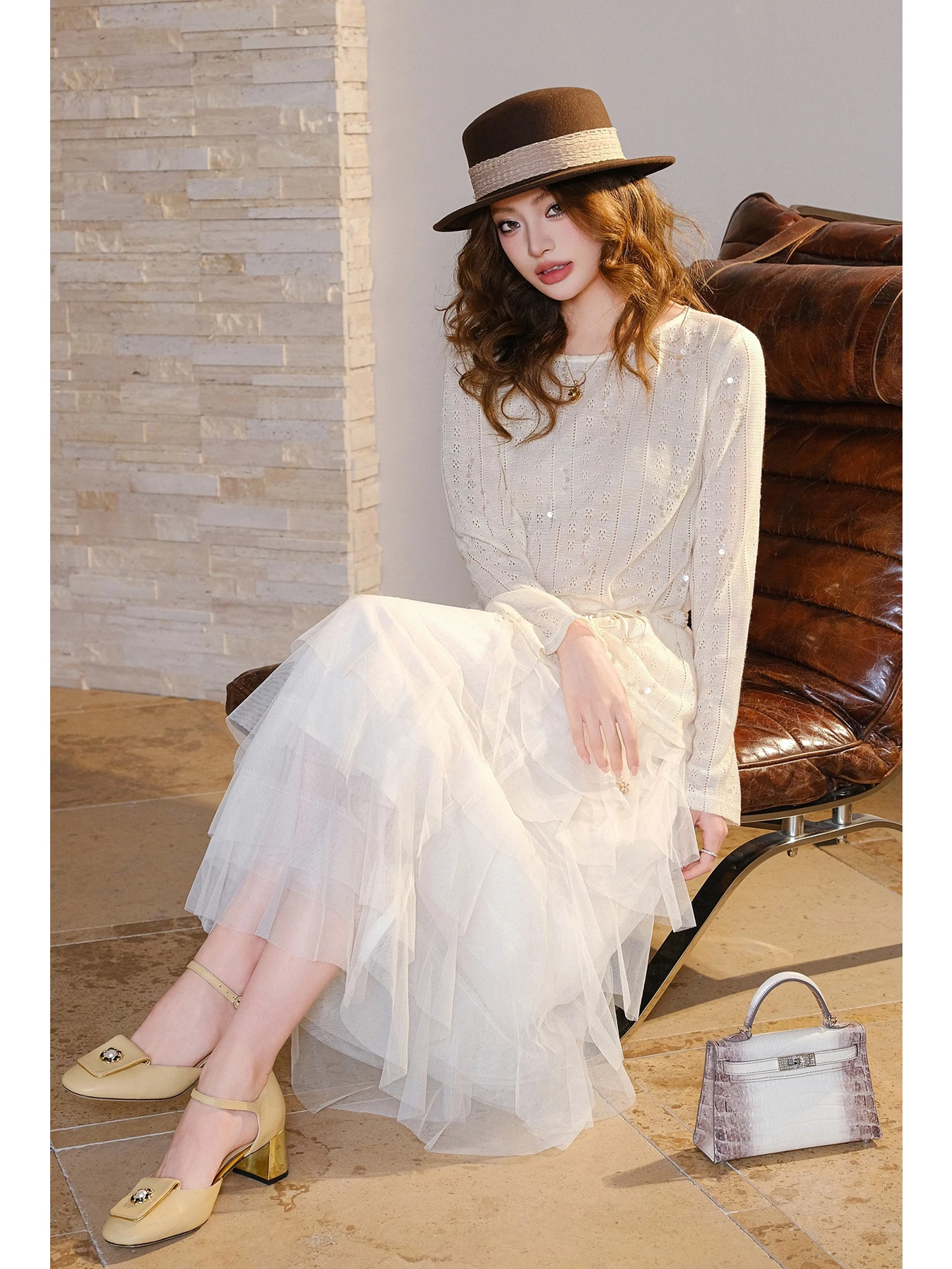 

MIUCO Beautiful Hollow out Sequin Belted Lightweight Knitted Top And Multi-Layered Me Cake Skirt Set Breathable Spring Fa...