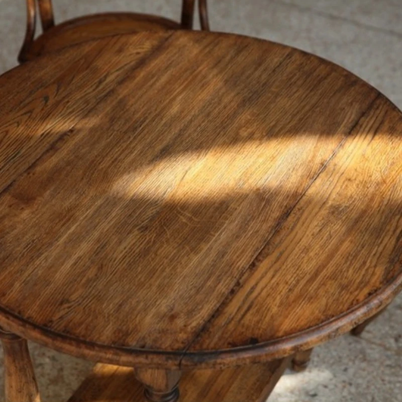 French retro round table, medieval style, solid wood oak, handmade old, folding coffee side table