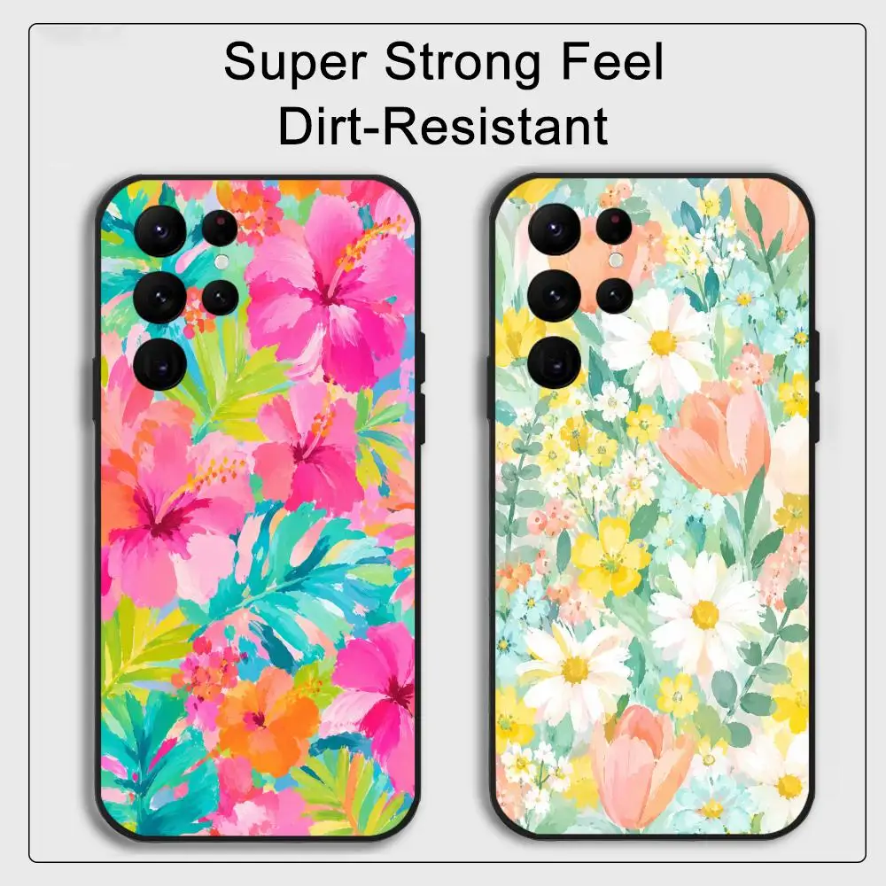 Colorful Pink Flowers Phone Case For Samsung Galaxy S25 S24 S22 S23 Ultra S21 S20 Plus Frosted Non-Slip Full Cover Soft Case