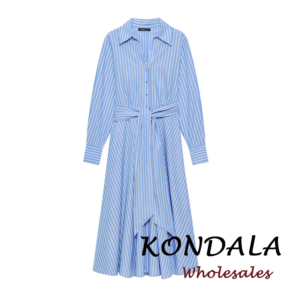 KONDALA Gestreiftes Blaues Modekleid 2026 Frühling Damen Gürtel Langes Kleid Streetwear Einreihiges Hemdkleid Schick Locker Sitzende Damenkleider