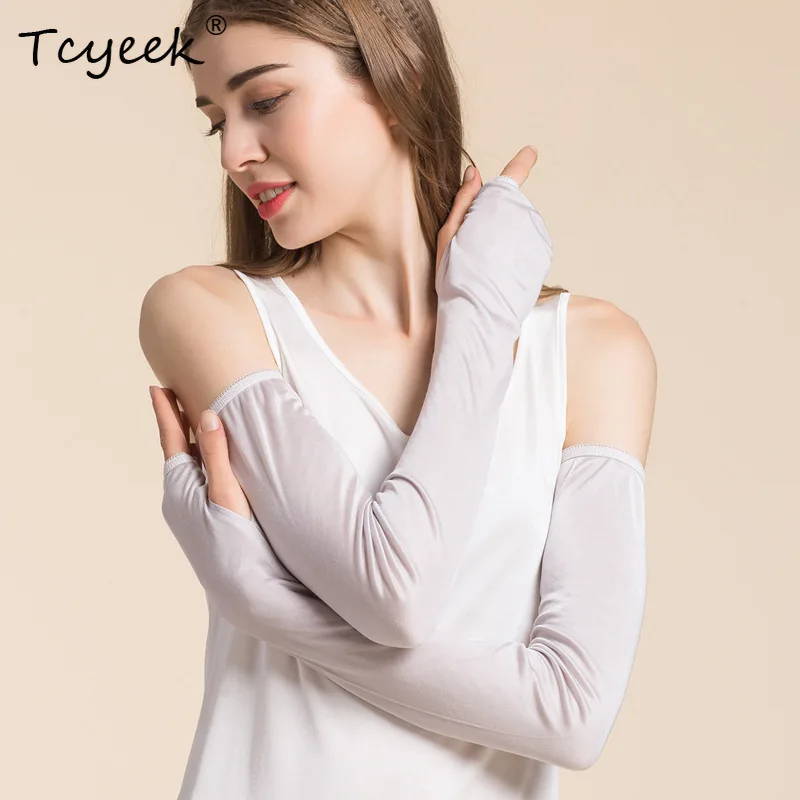 Tcyeek, Lengan Pelindung Matahari Sutra Asli 100%, Perlindungan UV Berkendara Wanita, Lengan Lengan Keren Sejuk, Musim Panas 2024 A45720QC