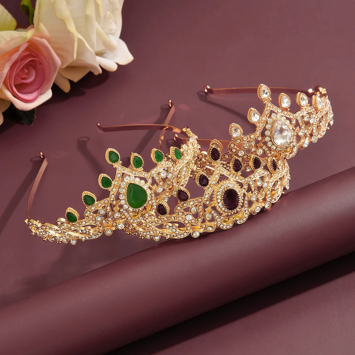 Baroque Gold-Plated Rhinestone Tiara Crown-Multi-Color Gem Pageant Headpiece for Women Wedding Bridal Prom Party Hair Accessory