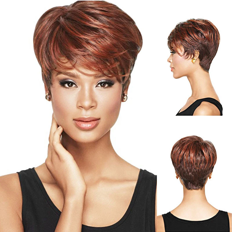 European and American fashion with highlights in red-brown color, women's synthetic short wig