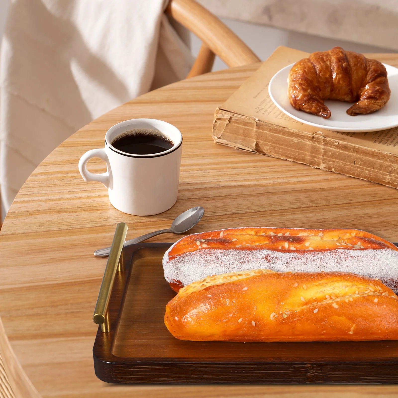 

Bamboo Rectangular Tea Tray Gold Handles Wooden Serving Tray for Coffee Couch Breakfast Dinner Elegant Rustic Food Platter