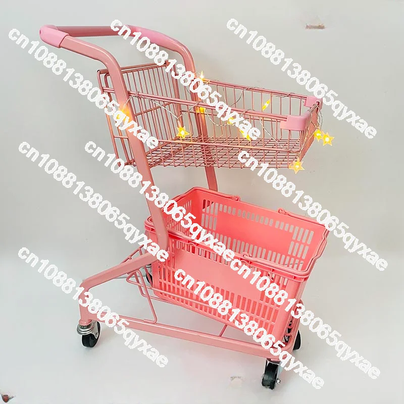 

Internet Celebrity Street Stall Trolley Supermarket Shopping Cart Convenience Store KTV Pink Japanese Double Cart Photo Props