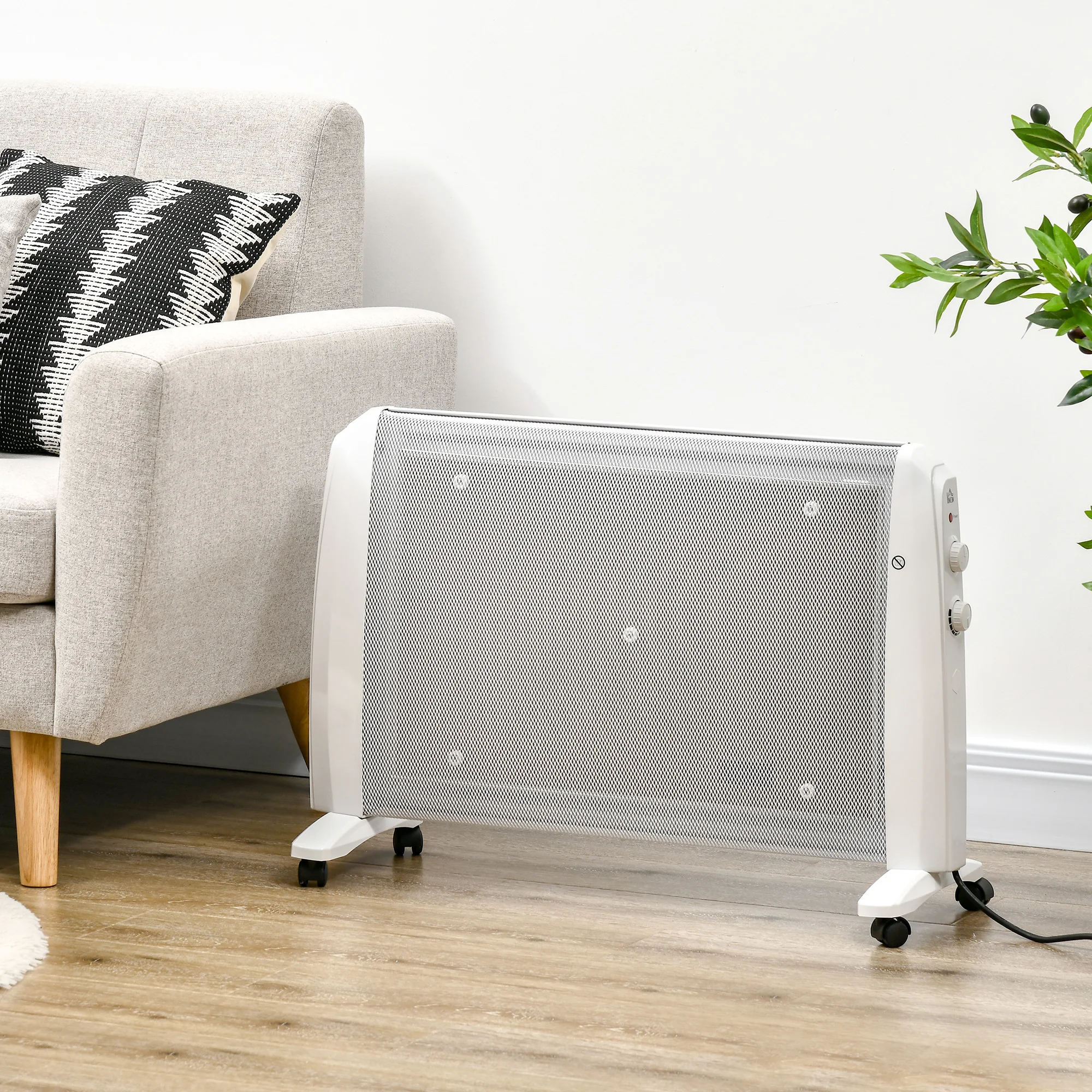 HOMCOM electric heater 1000W/2000W Mica radiator with 2 power levels adjustable thermostat and 4 silent wheels