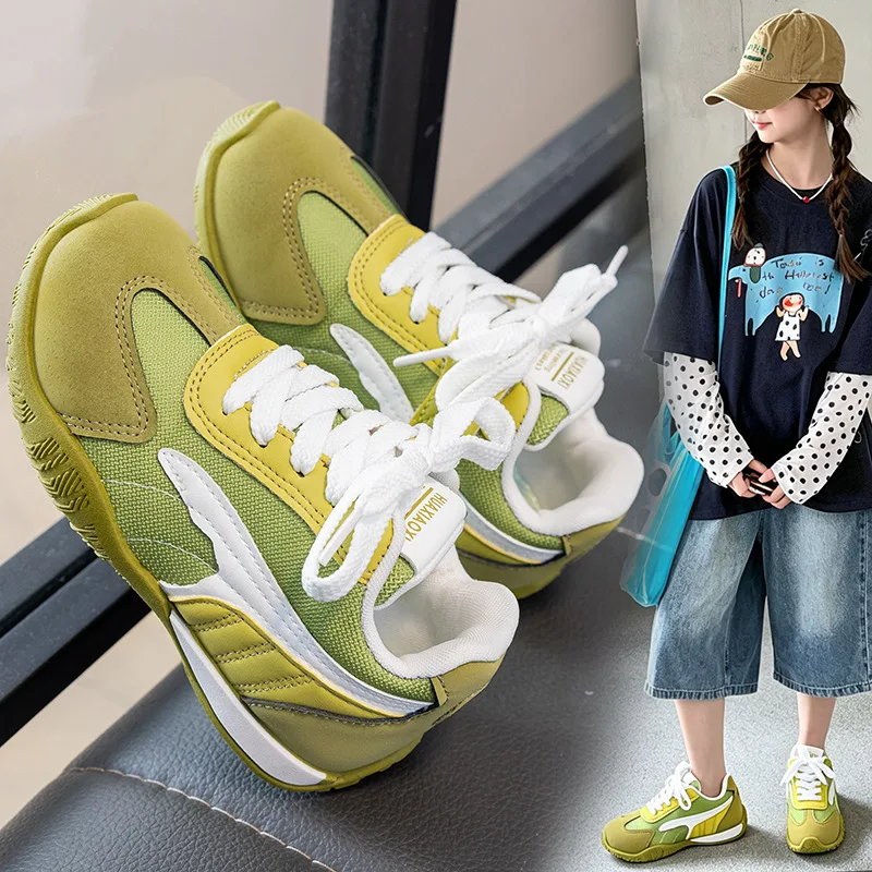 Children's Autumn New Leather Upper Sneakers Middle Large Children's Casual Shoes Boys and Girls Soft Sole Students Tennis Shoes