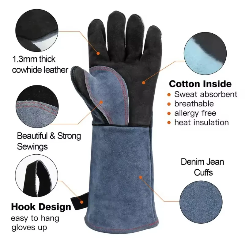 

14/16 Inch Welding Gloves for Welder Work Gloves Thick Cow Split Leather Heat Resistant Oven BBQ Gloves Grill Heat Insulation