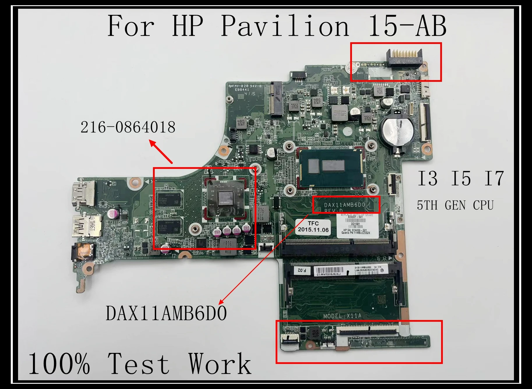 For HP Pavilion 15-AB  Laptop Motherboard DDR3 i3 I5 I7 CPU DAX11AMB6D0  216-0864018 GPU 100% Test Work