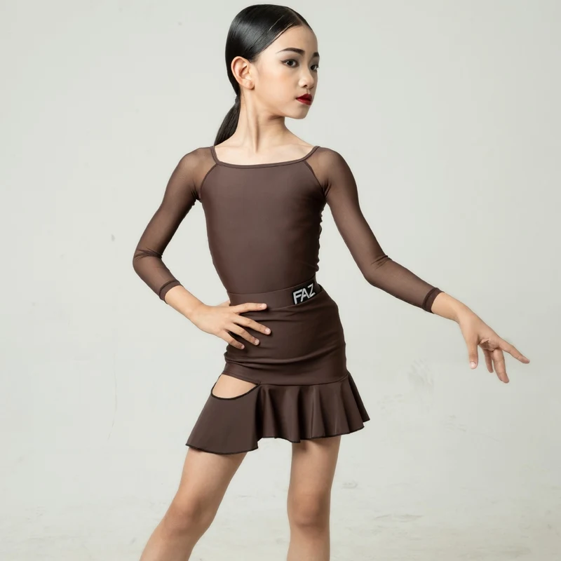 Kind Latin Dance Kleidung Mädchen Leistung Kleid Braun Langarm Tanz Anzug Cha Cha Rumba Bühne Tragen Praxis Kleidung AMY1635