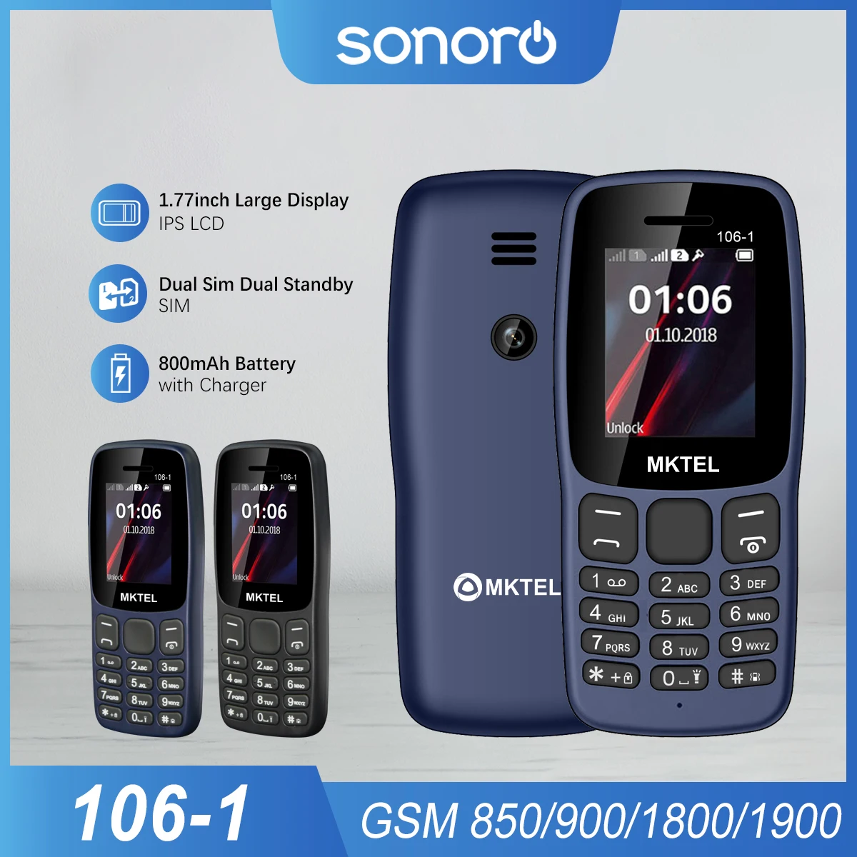 MKTEL 106 Caratteristica Telefono Display da 1,77" Batteria da 800 mAh Dual SIM Dual Standby Forte Torcia MP3 MP4 Radio FM Bluetooth GPRS