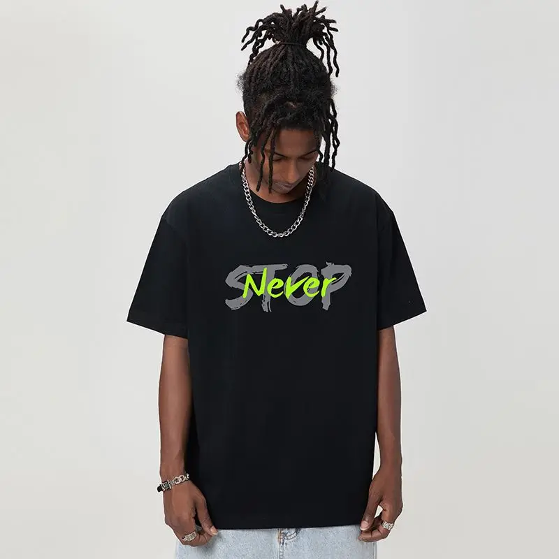 

2025 New Wassup Wolf Streetwear T-shirt Set Short Sleeve Tops with Stop Never Print and Motivational Design Casual Spring