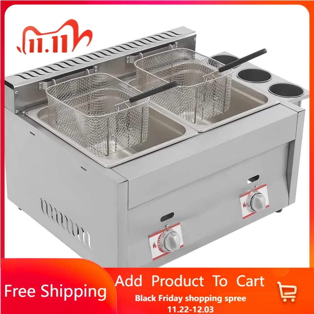 Stainless Steel Countertop Gas Fryer,10L*2 LPG Gas Deep Fryer Countertop Commercial Dual Tank Kitchen Fat Fryer Machine