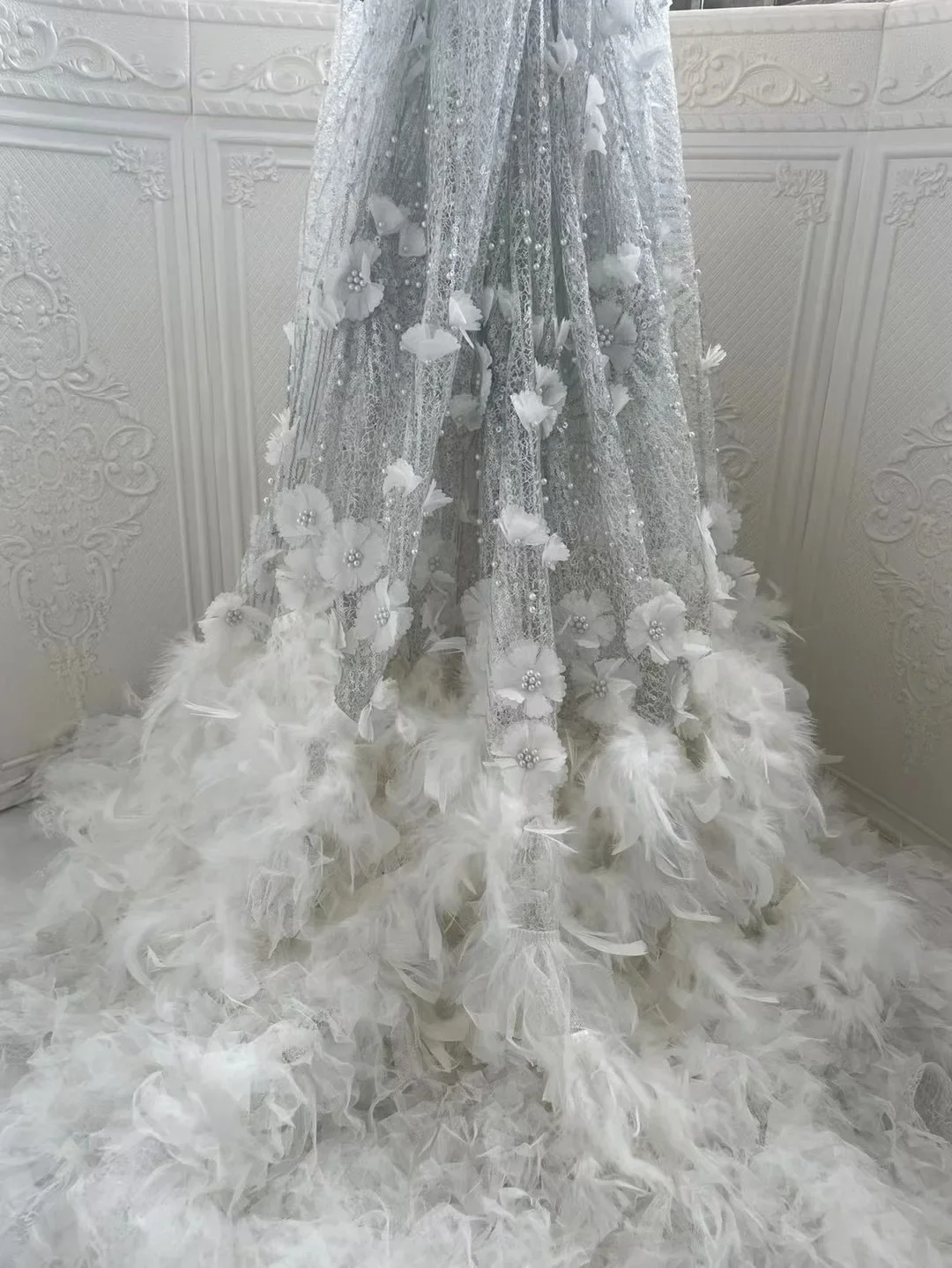 2024 New High Quality Luxury 3D Feather Lace Shiny Sequins Handmade Mesh Lace Tulle Fabric Swiss Bride Wedding Party SewingX5489