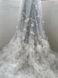 2024 New High Quality Luxury 3D Feather Lace Shiny Sequins Handmade Mesh Lace Tulle Fabric Swiss Bride Wedding Party SewingX5489