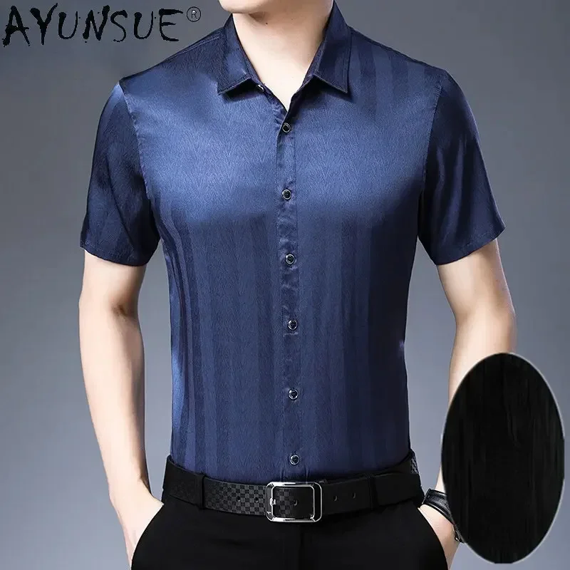 

92% Mulberry Real Silk Shirt for Men Short Sleeve Men's Clothing Top s Business Casual Summer Camisas