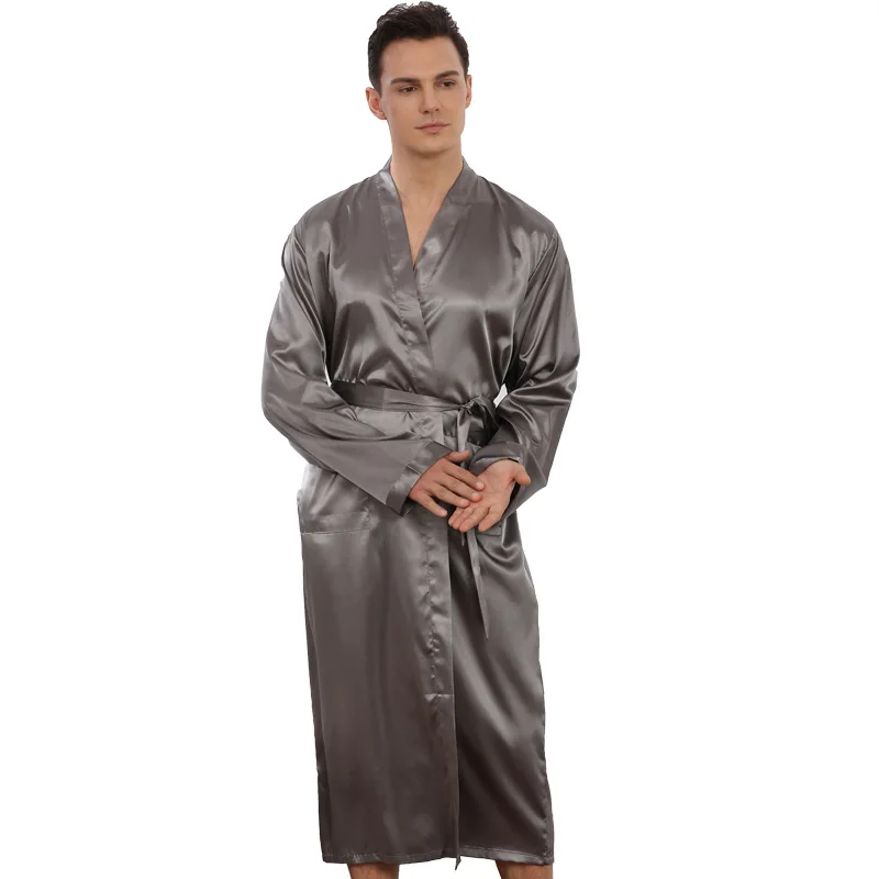 Plus Size Male Sleepwear Kimono Bath Robe Gown Gray Long Sleeve V-Neck Nightwear with Belt Pocket Spring Summer Men Home Clothes