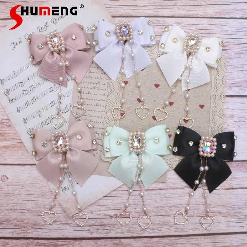 

Japanese Style Handmade Sweet Cute Hair Accessories Rhinestone Pearl Tassel Bow Versatile Lolita Hair Clips Side Clips for Women