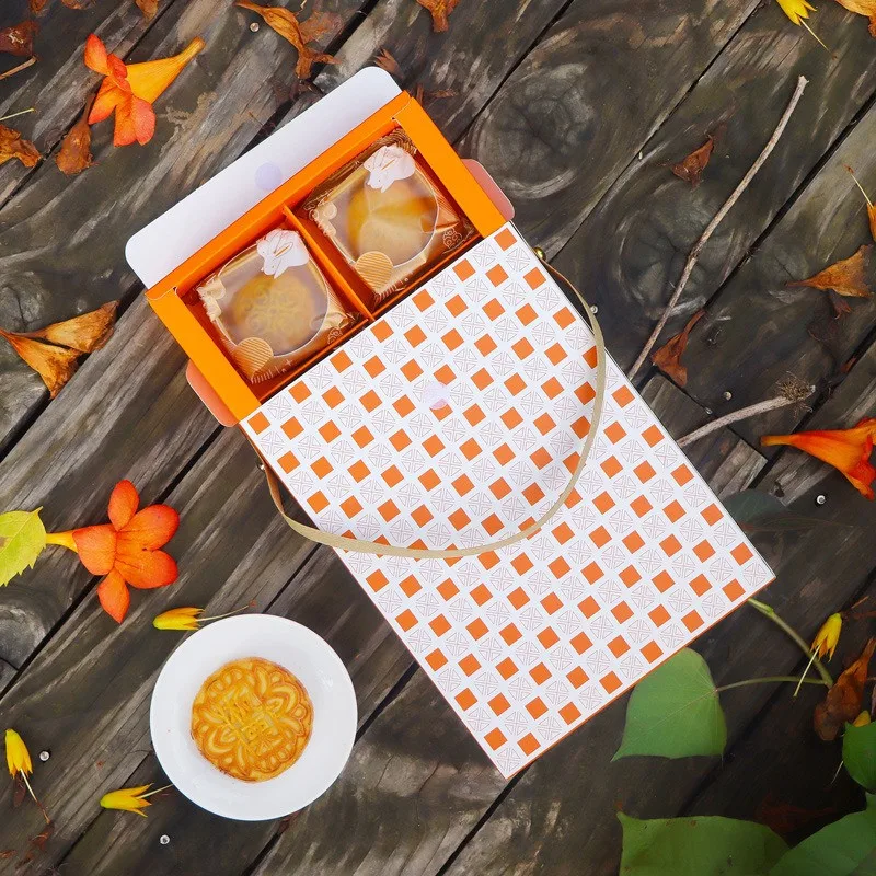 5Pcs/set Orange Grid Paper Gift Box With Hand Bags Mooncake Mid Autumn Festival Egg Crispy Packaging Portable Empty Box