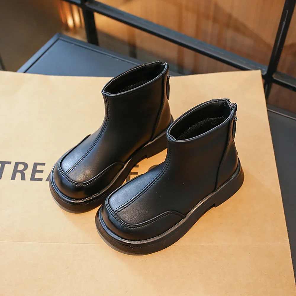 Children Fashion Boots Simple Girls Ankle Boot Black Kids Short Leather Boots Side Zipper Thick Bottom Autumn Winter 2026 New