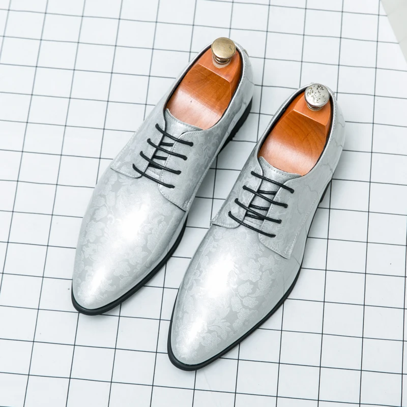 Formal Business Shoes for Men Pointed Toe Male Dress Oxfords Silver Split Leather Youth Fashionable Leisure Classics Shoes