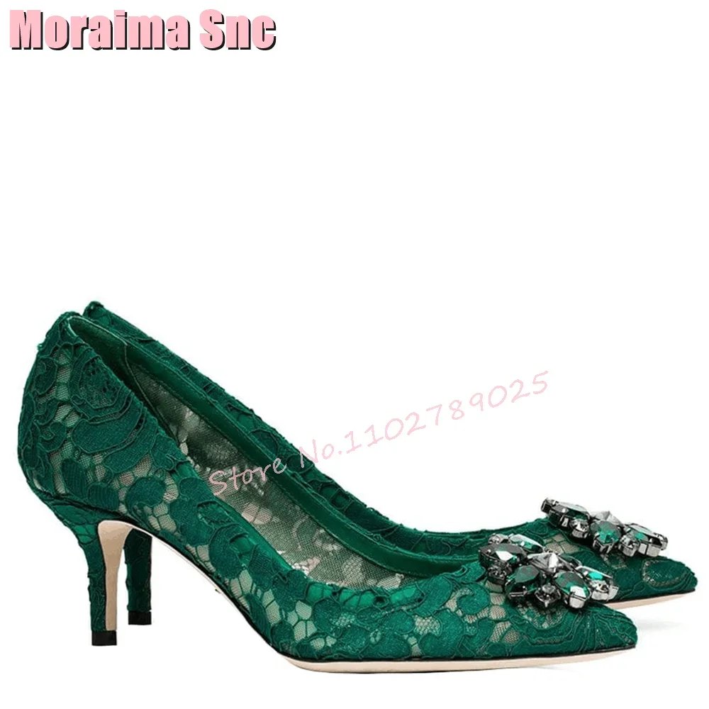 Luxury Rhinestone Lace Shallow Pumps Stiletto High Heels Slip On Dark Green Sexy Elegant Women Shoes Summer Banquet Fashion 2023 image 4