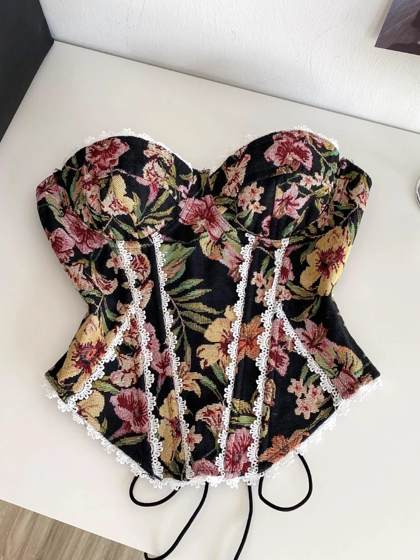 

SsTss French Retro Romantic Floral Print Strapless Top for Women Elegant Lace Patchwork Sleeveless Lace-up Backless Crop Top