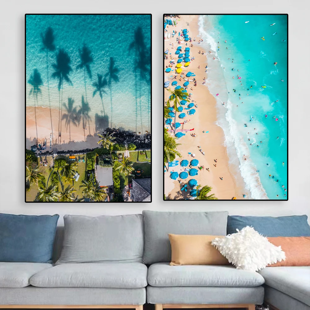 Modern Home Decor Landscape Poster Tropical Blue Sea Beach Prints Waikiki Sands Hawaii Beach Canvas Painting Hot Surf Pictures