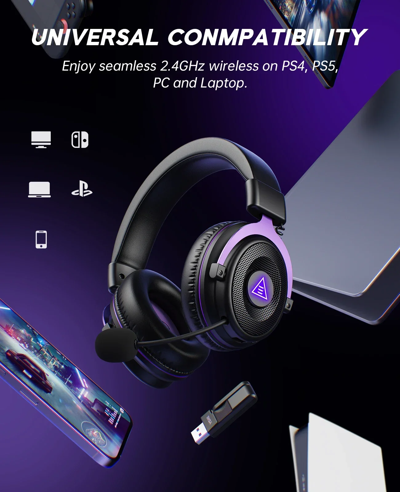 OneOdio EKSA E900 WT – bezprzewodowy zestaw słuchawkowy do gier, 2,4 GHz, trzy tryby pracy, słuchawki nauszne, Bluetooth, mikrofon, podświetlenie RGB, kompatybilny z PC, PS4, PS5, 80 godzin pracy na baterii. — zdjęcie produktu 6