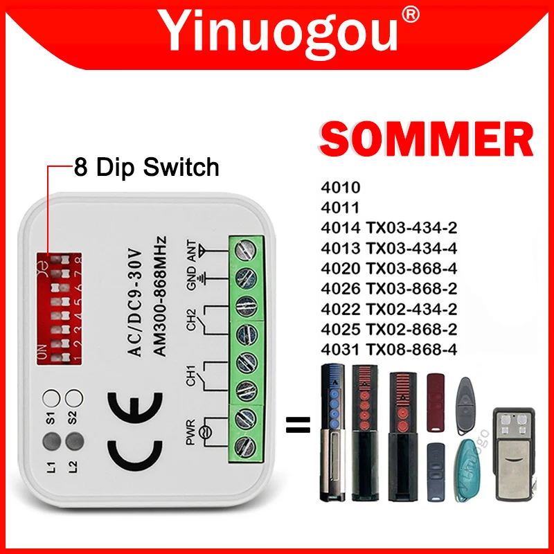 

Universal Garage Gate Receiver SOMMER 4026 TX03-868-2 4020 TX03-868-4 Remote Control Receiver RX-MULTI 2CH DC 9V-30V 300-868MHz