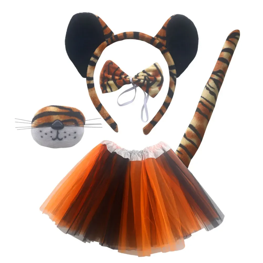 Girls Animal Tiger  Ears Headband Bow Nose Tails Skirt  Set   Party Accessories   Birthday Halloween Costume Cosplay