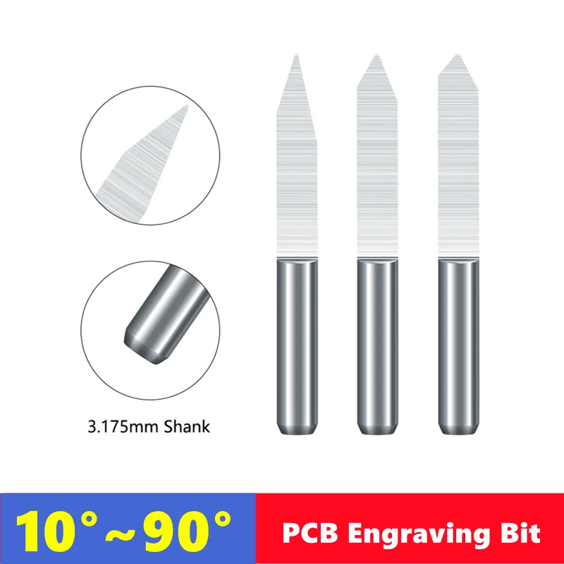 Cortador de fresado en forma de V, 10 piezas, 10 ° ~ 90 °, 3.175mm (1/8 pulgadas), broca de grabado PCB de aleación dura, herramienta de grabado CNC