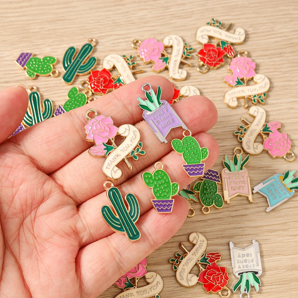 Tusember 10 Stück niedliche Pflanzen-Kaktus-Anhänger, Rosenblüten-Anhänger für handgefertigten Schmuck, Armbänder, Halsketten, Ohrringe – Detail 3