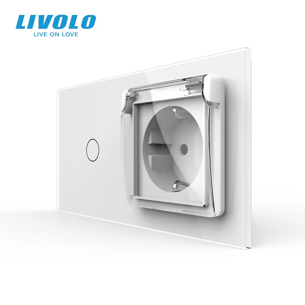 Livolo EU Standard Double Panel 1 Gang + EU Socket with Waterproof Cover,AC 100~250V Crystal Glass Panel for Splashproof