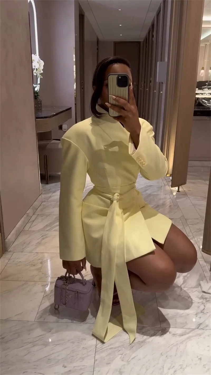 Autumn Yellow Women Suit Skirt 1 Piece Long Blazer Belted Sexy V Neck Jacket Formal Office Lady Wedding Guest Birthday Coat image 3