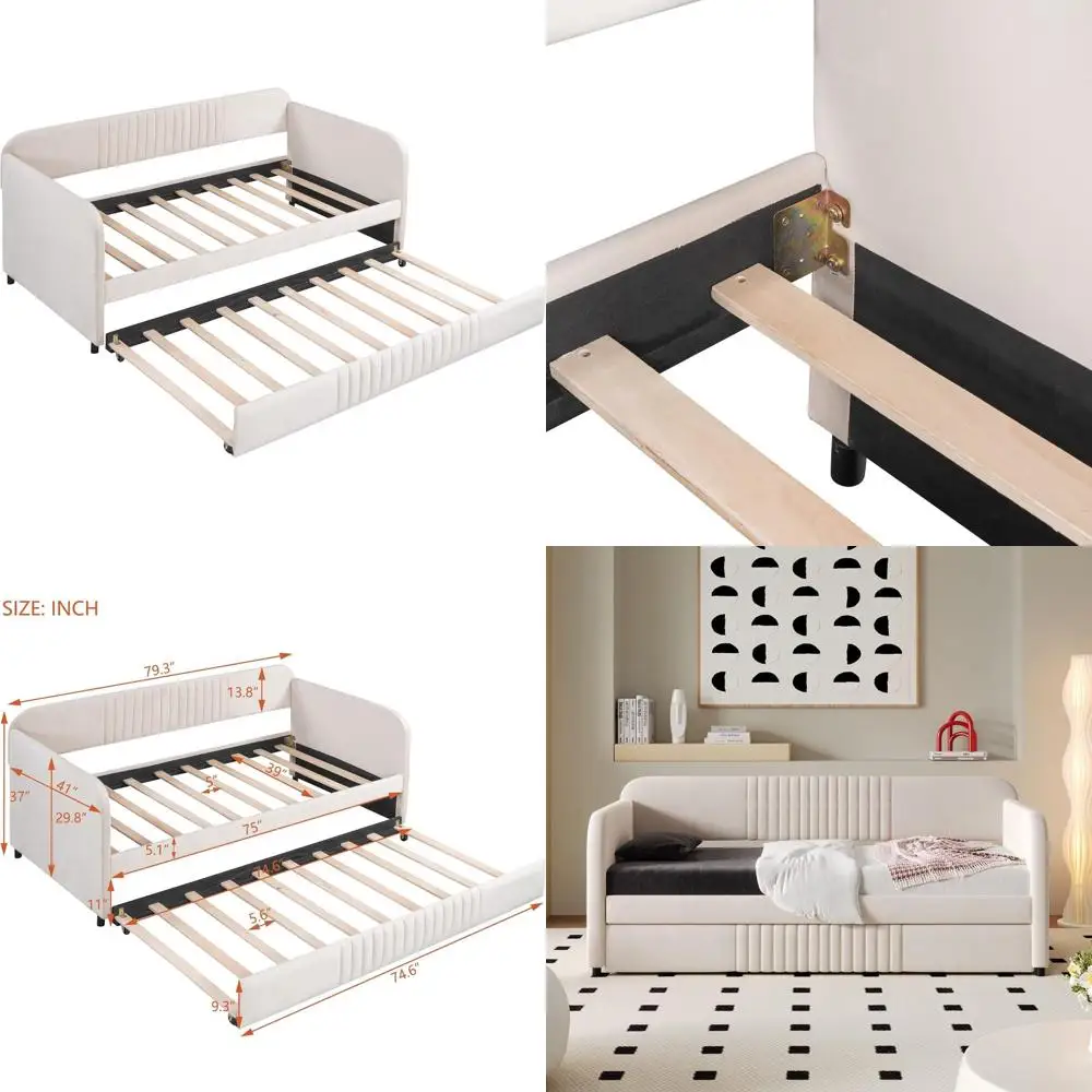 Beige Velvet Twin Daybed with Trundle and Wood Slats, Sleeper Sofa Bed, No Box Spring Needed