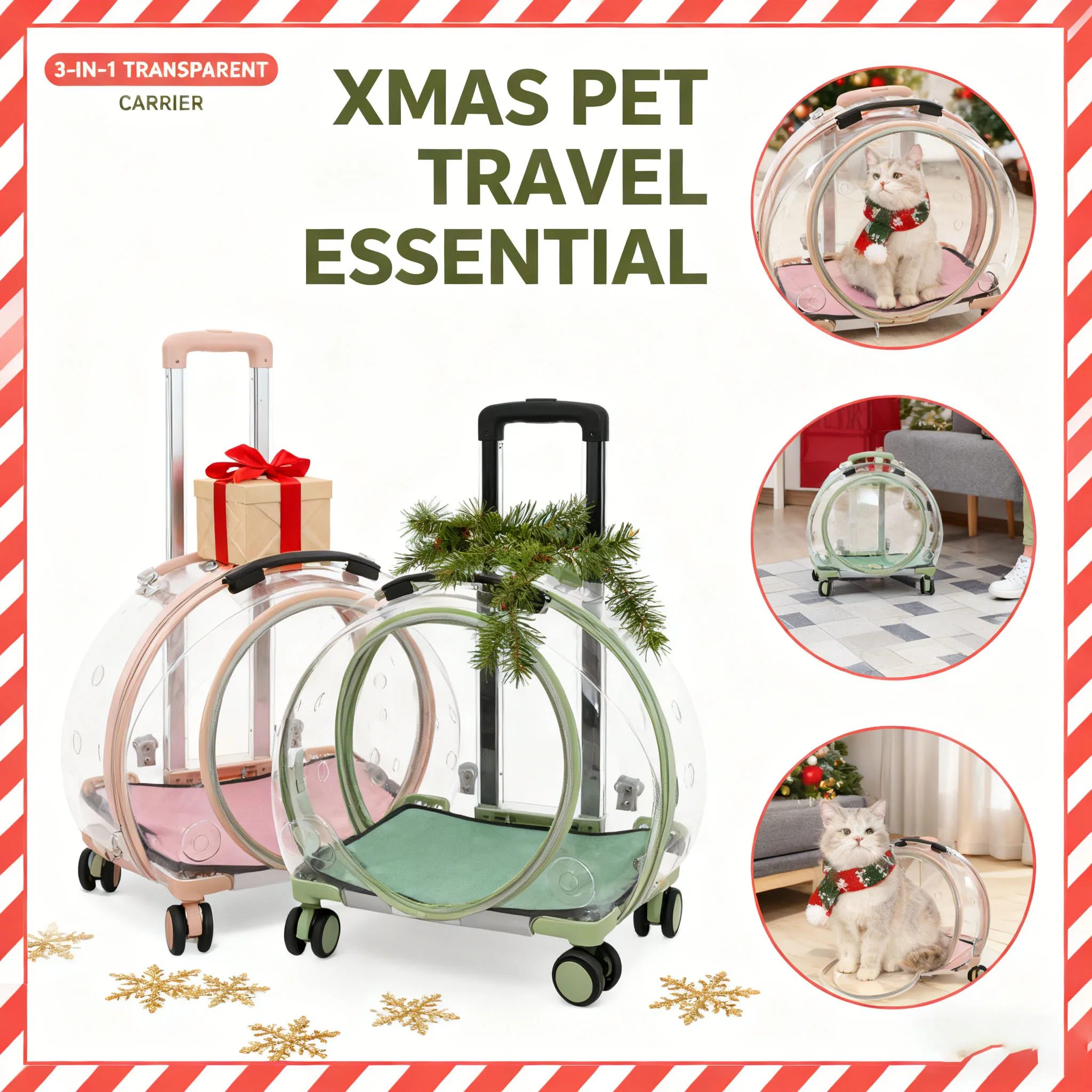 

Pink/Green Breathable Cat Carrier,PC Cat Carrier with 4 Rolling Wheels 40*27*45cm for Cats Weighing Within 9kg, Christmas Sale
