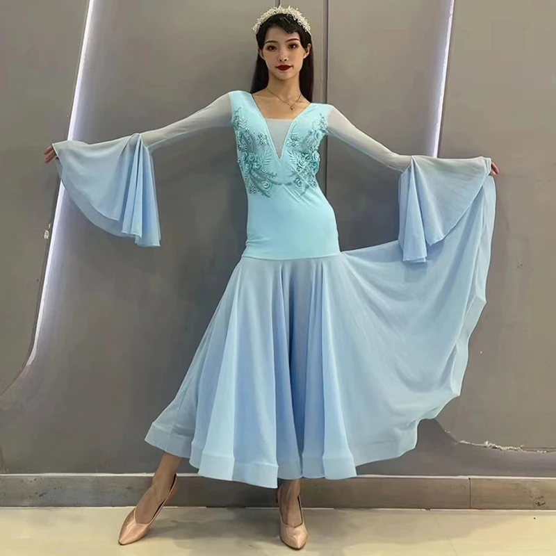 Ballroom Dance Competition Dress Blue Flower Flared Sleeves Practice Performance Clothes Women Waltz Costume Prom Wear BL11903